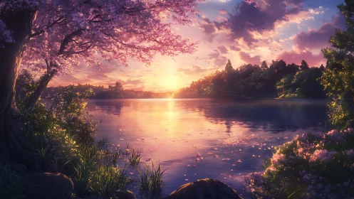 Soft spring sunset over a quiet blossom-lined lakeshore.