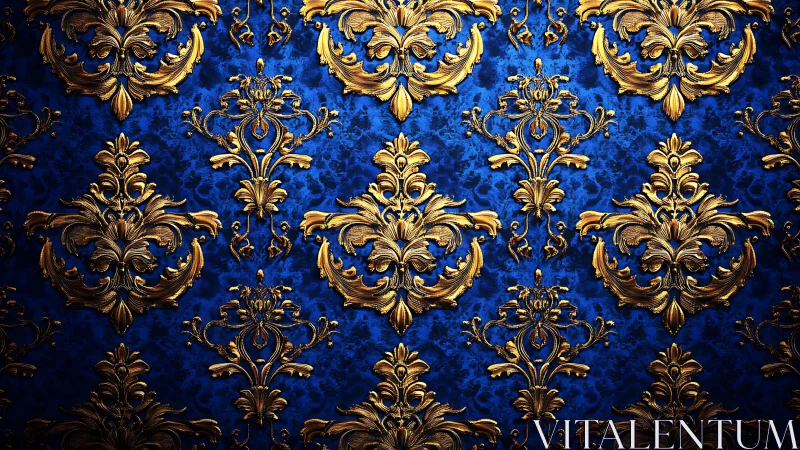 Baroque gold damask motifs sculpted over deep cobalt velvet