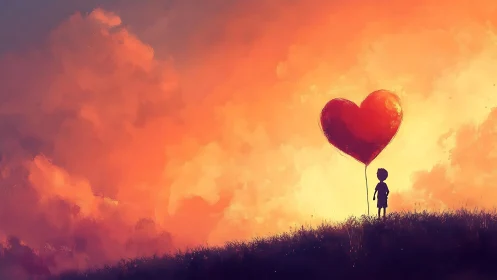 Heart's Ascent: Child Launches Love Into Golden Dusk.