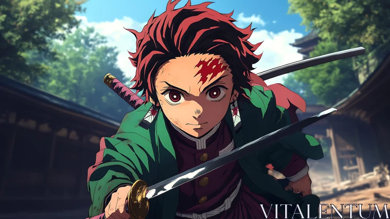 Anime swordsman charges forward with dual katana strike.