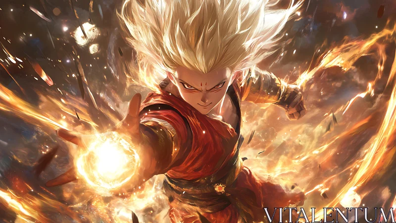 Dynamic anime fire-wielder in explosive diagonal composition.