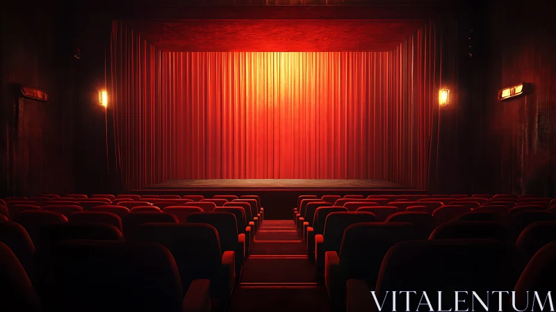 Empty red theater with closed stage curtain and warm light.