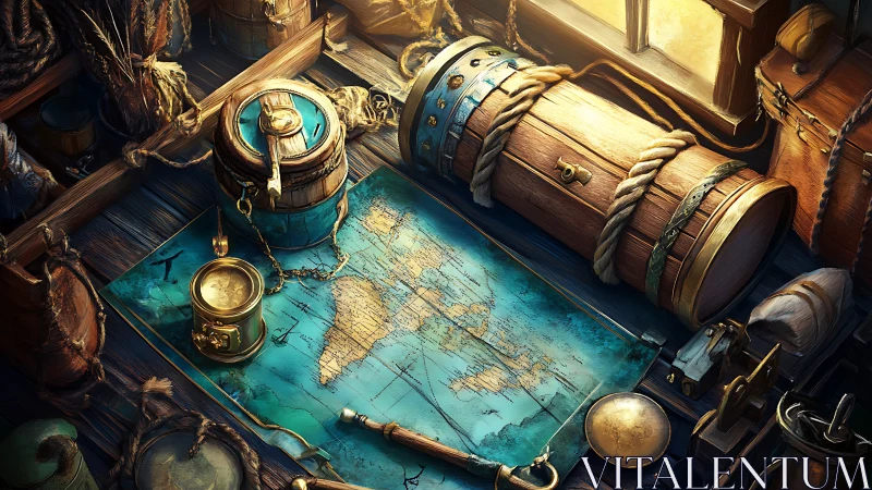 Nautical treasure map on wooden table with gear laid out