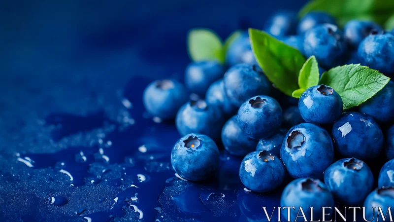 Photorealistic wet blueberries with leaves on deep blue surface.