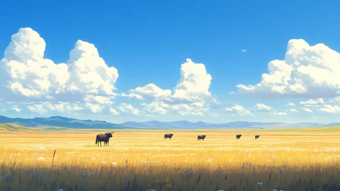 Golden prairie with grazing cattle under towering clouds.