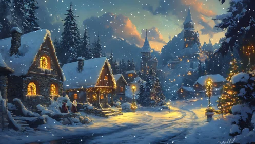Snow-laden alpine village glows under warm twilight illumination