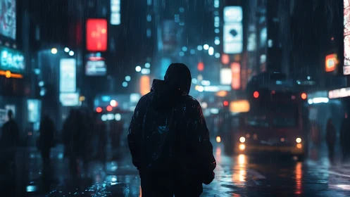 Hooded figure in neon city street under heavy night rain.
