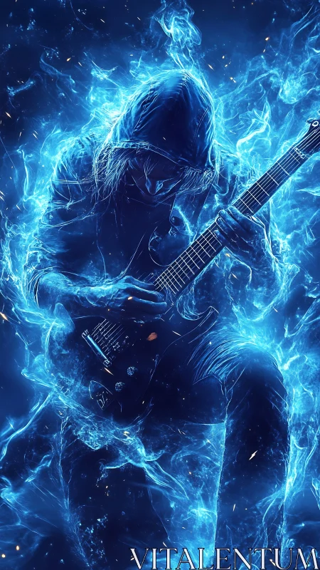 Hooded storm guitarist forged from electric blue fire.
