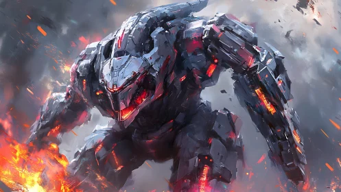 Molten-core quadruped combat mech in urban inferno assault