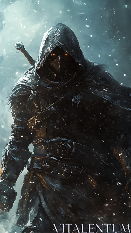 Hooded shadow warrior stalks frozen battlefield in storm