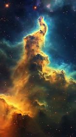 Towering multicolored nebula column rises through star field