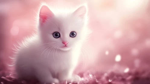 White feline specimen in soft pink environment.