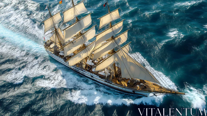 Tall-masted sailing ship moving through open ocean waters.