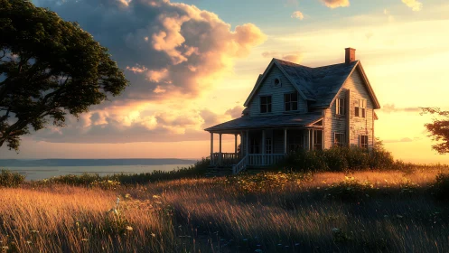 Sunlit coastal farmhouse with windswept golden meadow at dusk.