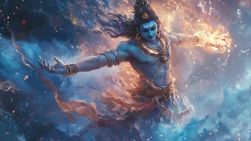 Blue-skinned figure levitates in swirling fire and mist