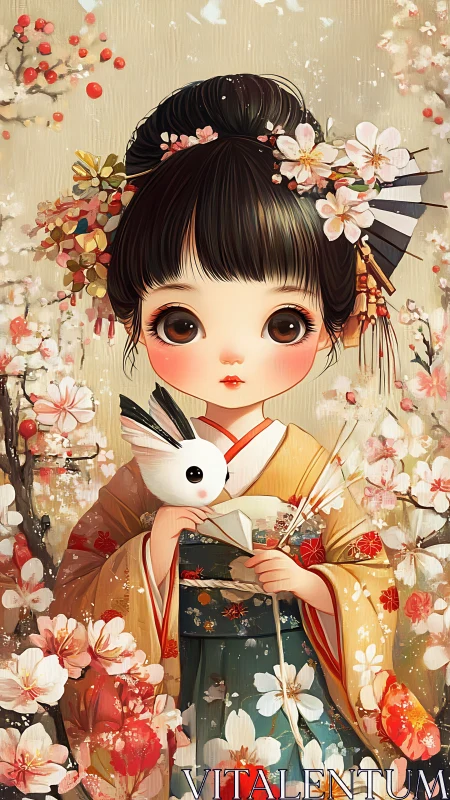 Kawaii girl in floral kimono holds paper bird amid blossoms.