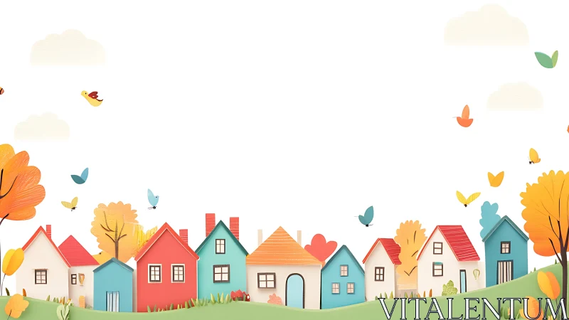 Whimsical autumn village where candy-colored houses glow.