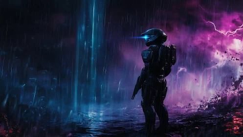Lone armored soldier watches neon portal under stormy sky.