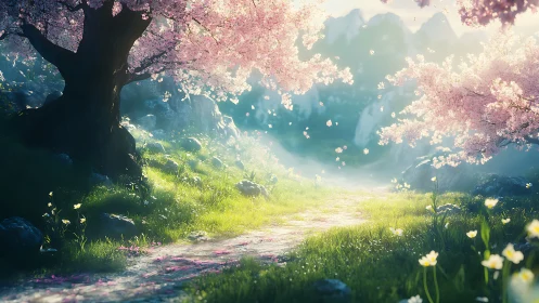 Cherry tree pathway extends through sunlit meadow terrain