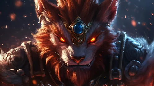 Armored ember-eyed lupine warlord with arcane diadem focus.