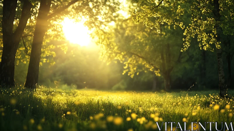 Sunlit Forest Meadow with Wildflowers in Soft Golden Light.