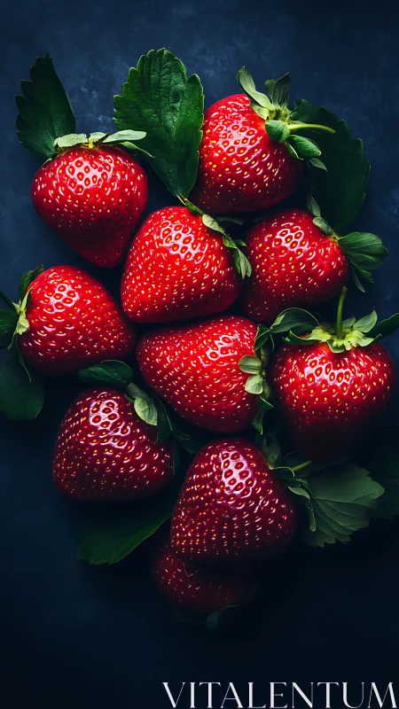 Ripe strawberries arranged on dark moody background.