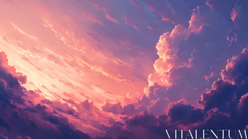 Glowing sunset clouds painted in soft pinks and purples.