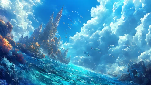 Oceanic sky kingdom with drifting whales and coral coasts.