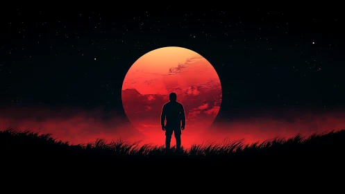 Lone silhouette contemplates a colossal red moon at night