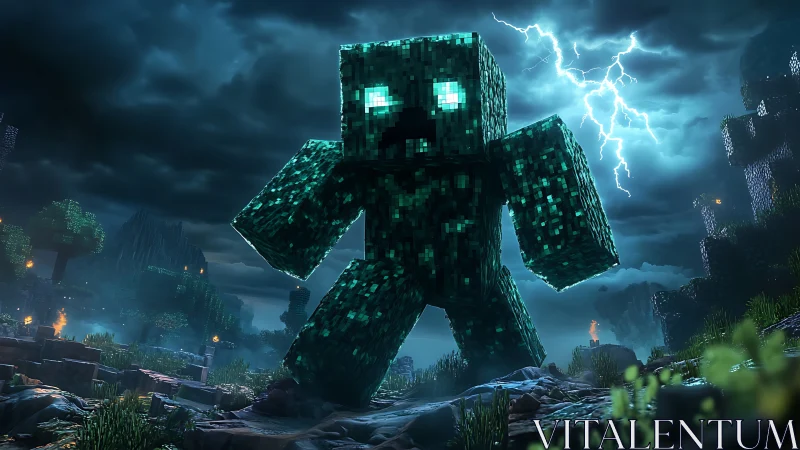 Thunderborn voxel titan stomps through storm-lit ruinlands.