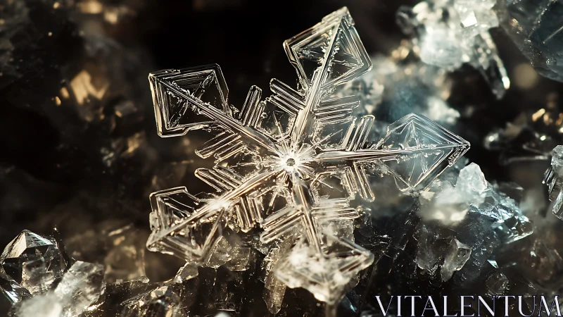 Macro view of geometric snowflake on crystalline surface.