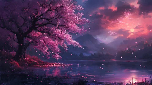 Twilight sakura dreams over a still, spellbound lakeshore.