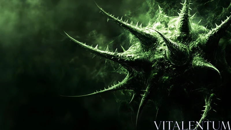 Spiky Virus-Like Organism in Dark Green Digital Art Style.