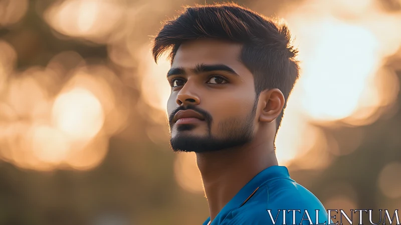 Male portrait rendered in golden hour bokeh lighting conditions