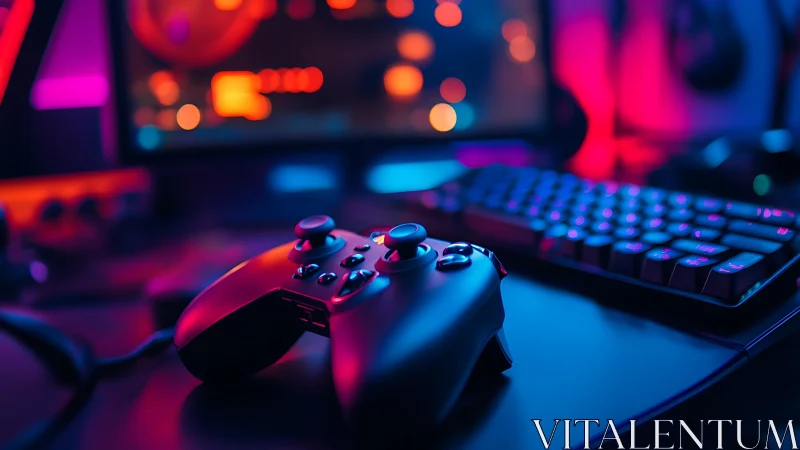 Neon game night glow with controller and cozy desktop setup.