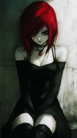Gothic anime girl sits in shadow, red hair softly glowing
