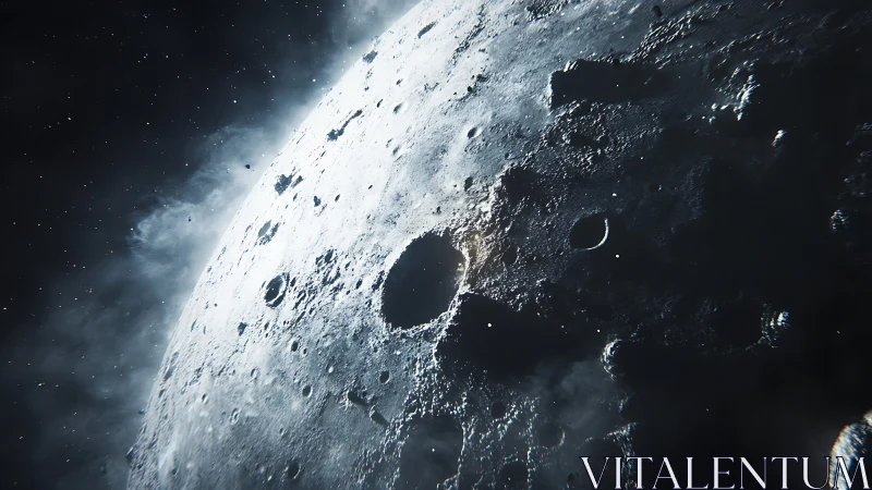 Lunar impact crater rendered with cinematic backlit dust field.