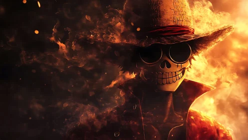 Flaming outlaw skeleton in ember-soaked pirate hat blaze.