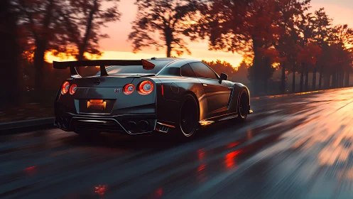 Aerodynamic sports coupe accelerates on wet forest road at dusk