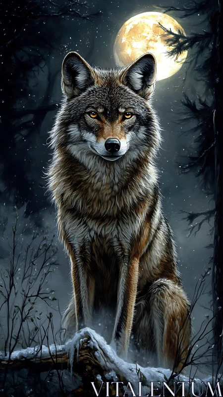 Wolf on snowy forest ridge under full winter moon.