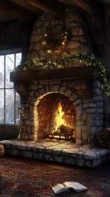 Firelit stone hearth cradling winter stories and quiet warmth.