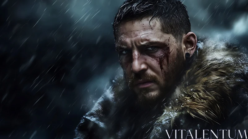 Battle-scarred warrior in blizzard storm with cinematic lighting.