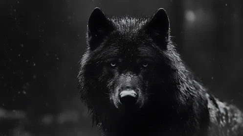 Black wolf portrait in rain with dark forest background.
