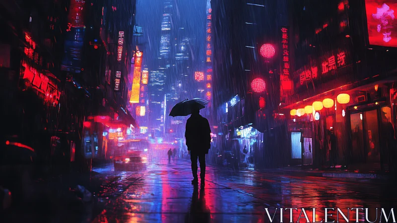 Cyberpunk rain-slicked alleyway with neon-lit lone figure.