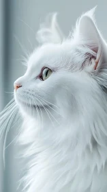 White Long-Haired Cat Portrait with Green Eyes.