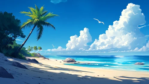 Tropical Beach Seascape with Palm Trees and Blue Sky.