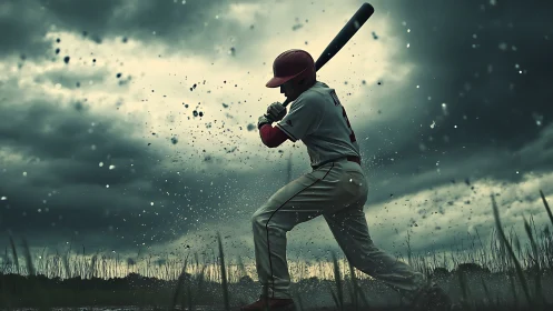 Baseball batter swinging in wet field under storm clouds.