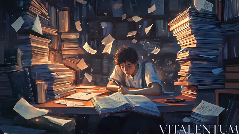 Student studies intensely at cluttered desk surrounded by books