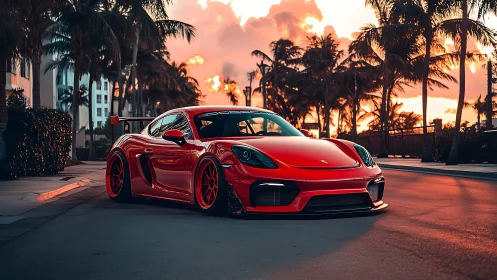 Sunlit red sports coupe on a palm-lined coastal boulevard.