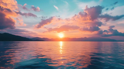 Gentle sunset glow over calm ocean waves and distant hills.